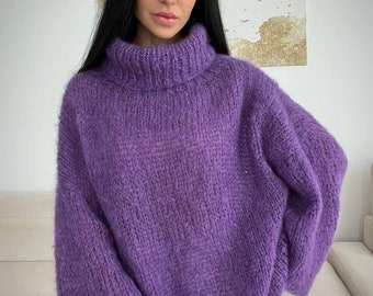 Oversized chunky knit mohair sweater Hand knit sweater for women Wool fuzzy sweater Winter warm turtleneck sweater