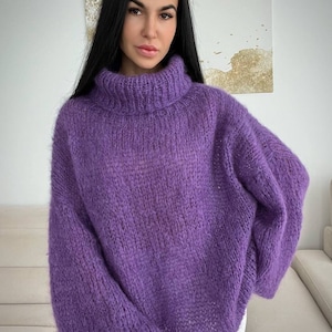 Oversized chunky knit mohair sweater Hand knit sweater for women Wool fuzzy sweater Winter warm turtleneck sweater