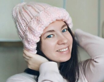 Pink slouchy beanie, 7th anniversary gift, Hand knit beanie, Chunky winter hat, Oversized beanie, Knit hat, Big knit hat