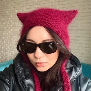 Hand-Knit Angora Cat Ear Bonnet: Cozy Cherry Winter Hat
