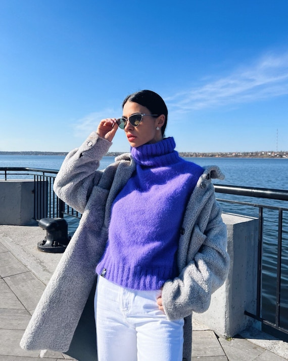 Fuzzy Angora Sweater Wool Turtleneck Knit Sweater for Women