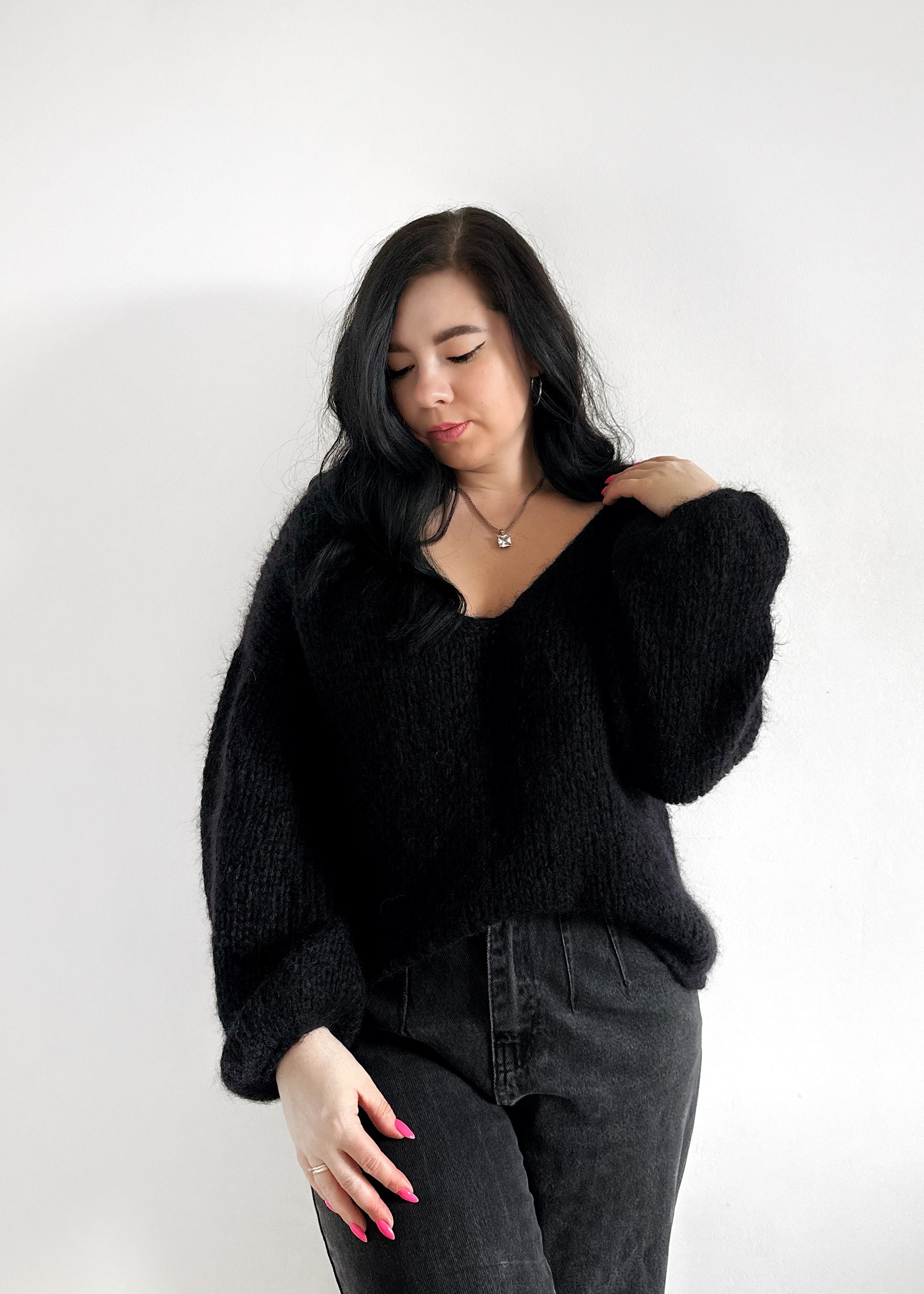 Black Mohair Sweater Hand Knit Oversized Sweater Knit Chunky