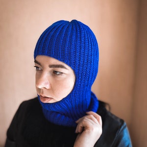 Stricken blaue Balaclava Damen Merino Wolle Balaclava Strick Haube Balaclava Hand gestrickt Ski Haube Ästhetische Kleidung Trendige Kleidung Bild 7