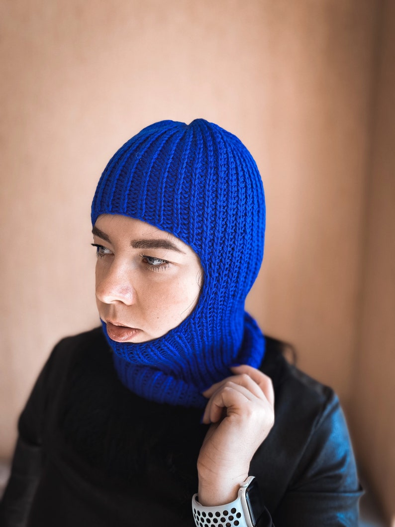 Stricken blaue Balaclava Damen Merino Wolle Balaclava Strick Haube Balaclava Hand gestrickt Ski Haube Ästhetische Kleidung Trendige Kleidung Bild 7