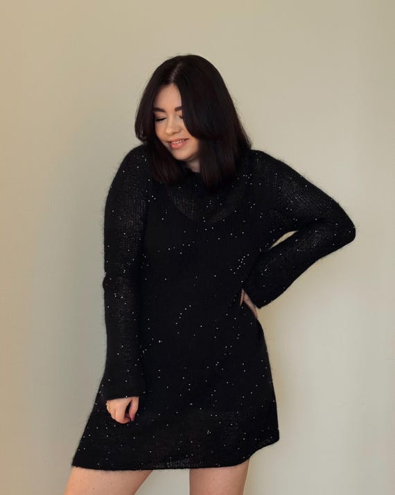 black sparkle sweater dress Sequin Bishop Sleeve U Neck Mini Sweater Dress ModeShe