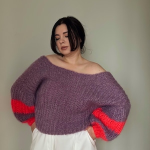Hand-Knitted Mohair Sweater – Off-Shoulder Fluffy Knit Pullover – Chunky Knit Striped Balloon Sleeves – Statement Knitwear for Women