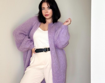 Oversized Mohair Cardigan: Chunky Knit Lilac Handmade Sweater