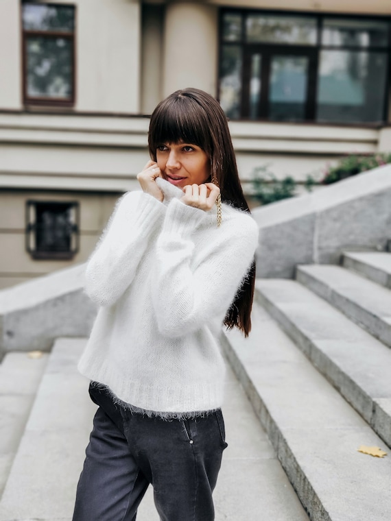 White Turtleneck Angora Sweater for Women Christmas Cozy Hand Knit