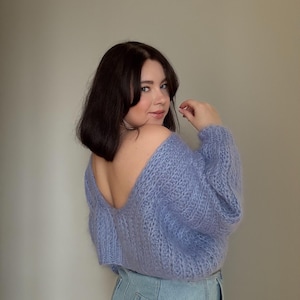 Mohair chunky knit sweater Light blue hand knit sweater for woman Oversized fuzzy sweater Loose knit handmade sweater Aesthetic clothes