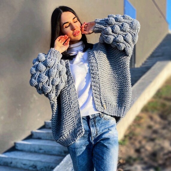 Gray Chunky Knit Cardigan Cropped 