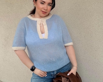 Kid Mohair Silk Knit Top | Baby Blue Tie Neck Sweater | Handknit Blouse | Fluffy Short Sleeve Pullover | Cottagecore Knitwear Gift for Her