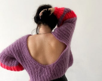 Mohair sweater Hand knit cropped sweater Chunky wool sweater Miss you gift Wife gift Thinking of you gift Long distance gift