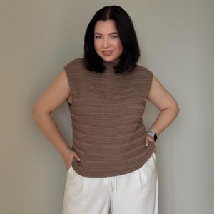 Hand-Knitted Cotton Summer Top – Sleeveless Textured Tank – Minimalist Knit Shirt – Brown Neutral Knitwear for Women – Soft Cotton Knit Tee