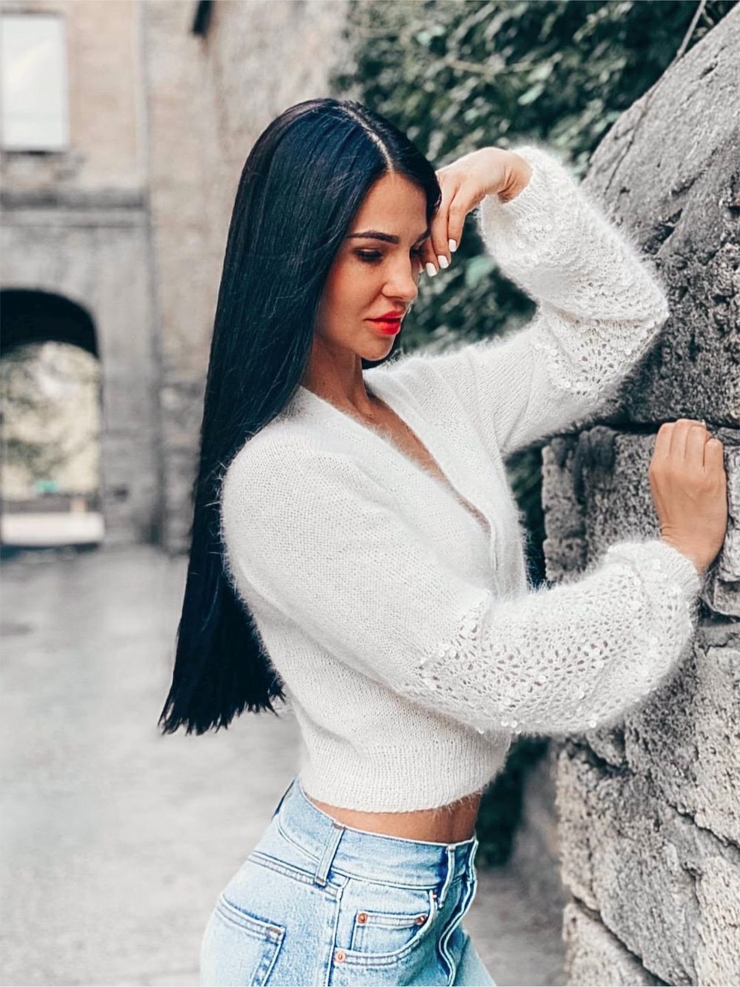 Angora Cardigan White Cropped Fuzzy Sweater Fluffy White White