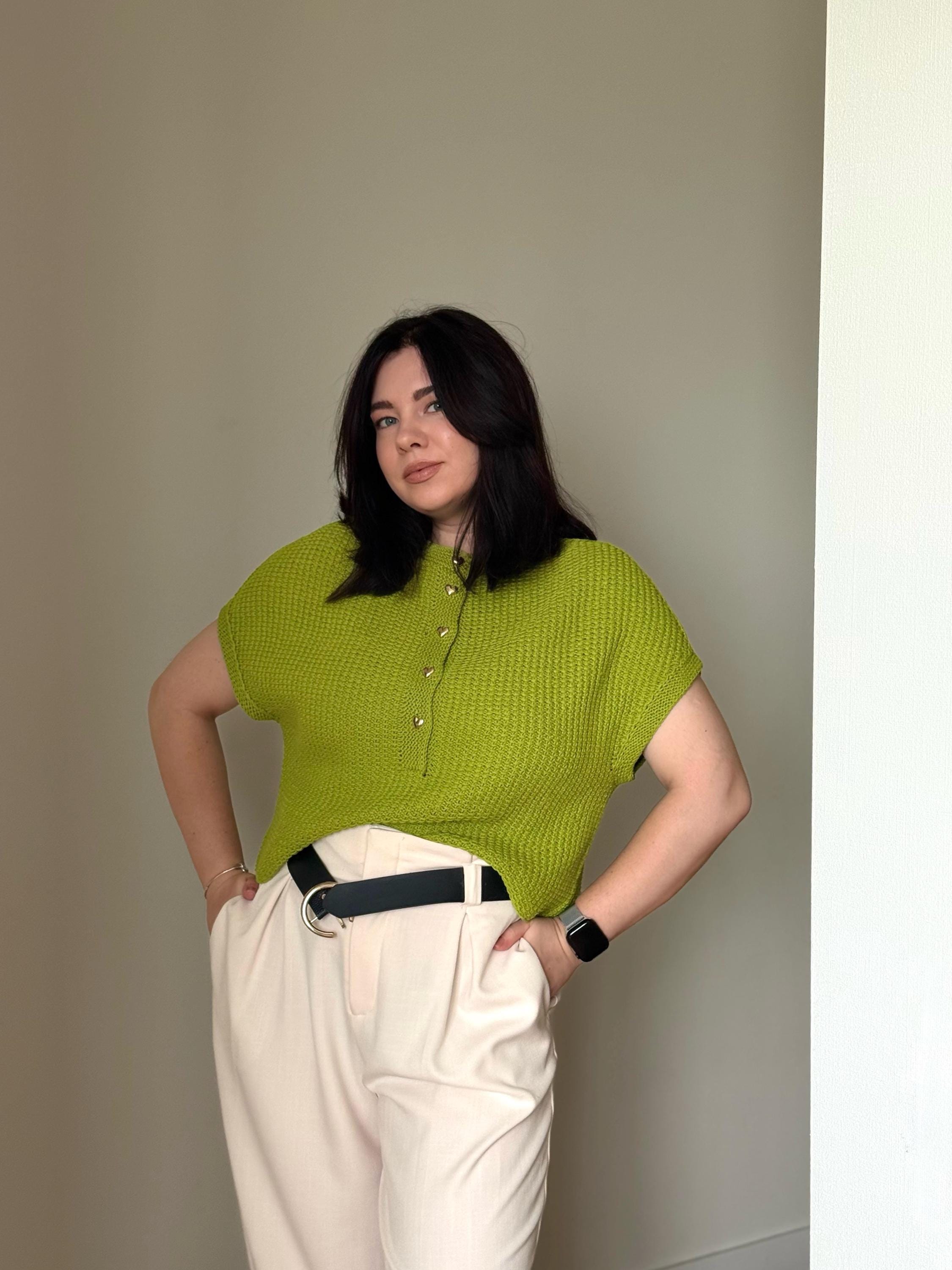 Hand Knit Cotton Polo Shirt: Heart Buttons, Short Sleeve Knit Top