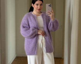 Oversized mohair cardigan Wool hand knit cardigan Chunky knit cardigan Lilac handmade cardigan Long loose knit cardigan