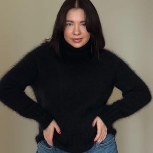 Hand Knit Angora Turtleneck Sweater: Fuzzy Oversized Wool Blend