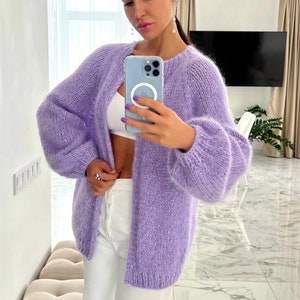 Oversized mohair cardigan Wool hand knit cardigan Chunky knit cardigan Lilac handmade cardigan Long loose knit cardigan