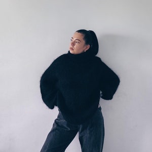 Black oversized chunky knit mohair sweater Hand knit sweater for women Wool fuzzy sweater Winter warm turtleneck sweater