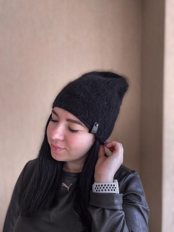 Something Special Black Angora Knit Cap Black angora wool blend large ribbed beanie hat | Glassworks  main image 4