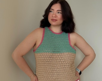 Handmade Crochet Crop Top: Two-Tone Cotton Linen Knit Vest