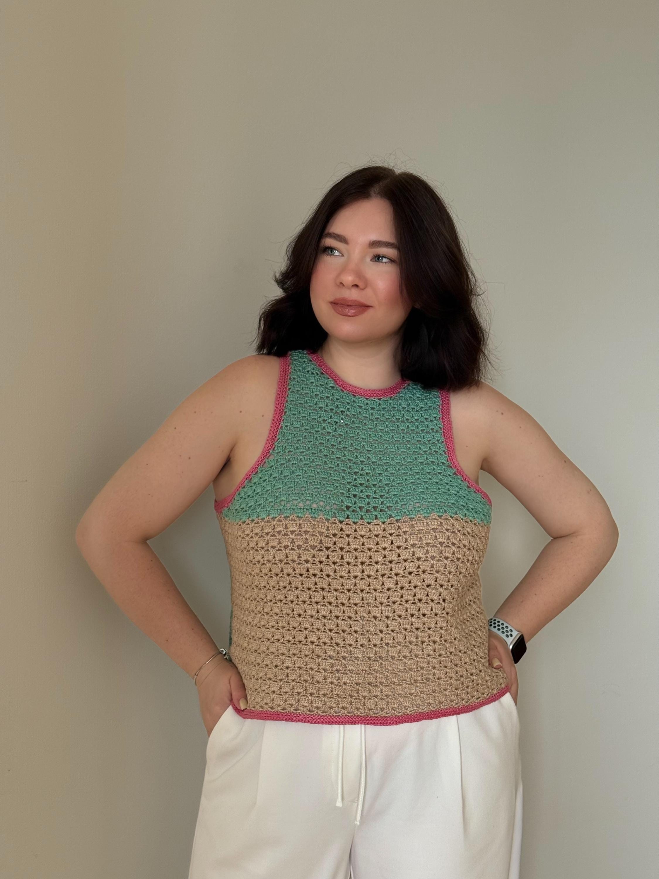 Handmade Crochet Crop Top: Two-Tone Cotton Linen Knit Vest