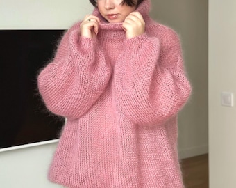 Hand Knit Mohair Turtleneck Sweater: Oversized Fuzzy Winter Knit