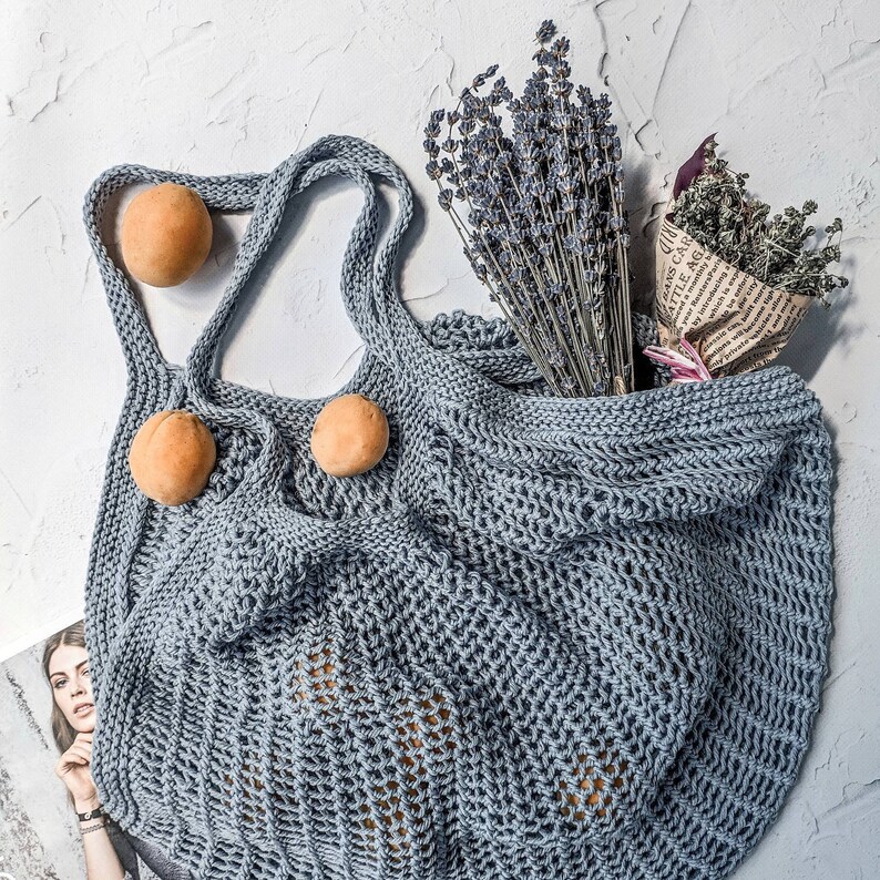 French market bag in light blue Knitted cotton bag Eco Etsy