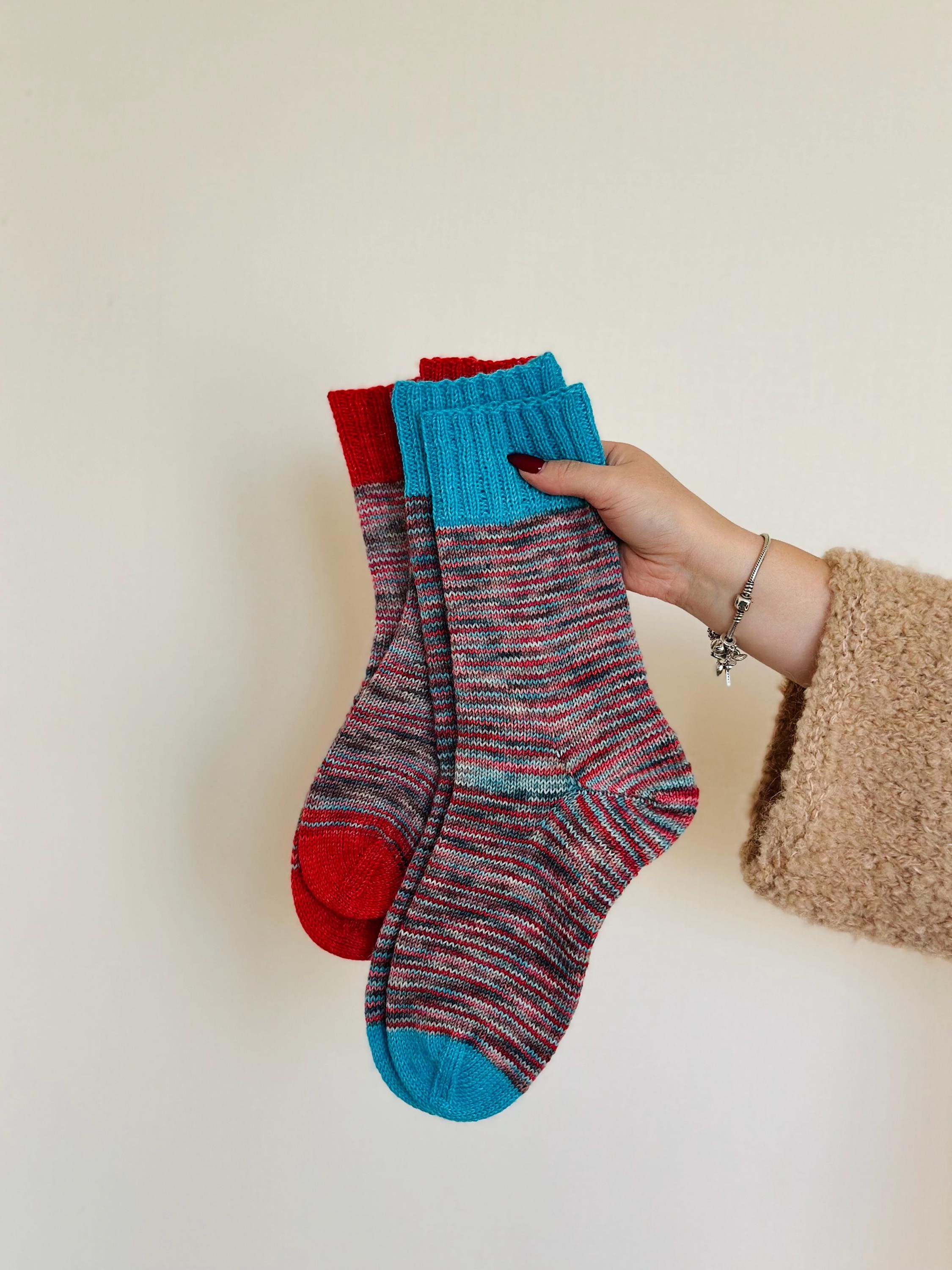 Hand-Knitted Wool Socks for Couples: Mismatched Red & Blue