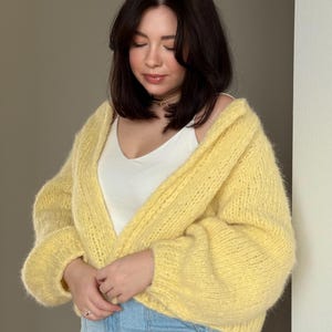 Hand-Knit Mohair Cardigan: Chunky Yellow Cropped Sweater