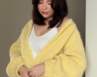 Hand Knit Mohair Cropped Cardigan - Yellow Bomber With 3/4 Sleeves