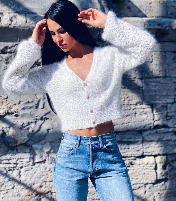 Cropped Angora Cardigan White Soft 