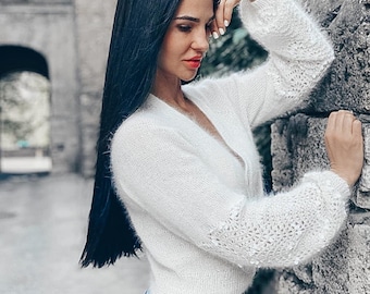 Hand Knit Angora Cardigan: Cropped Bridal Sweater with Lace Sleeves