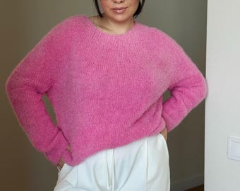 Hand-Knitted Pink Alpaca Sweater: Fluffy Oversized Knit Jumper