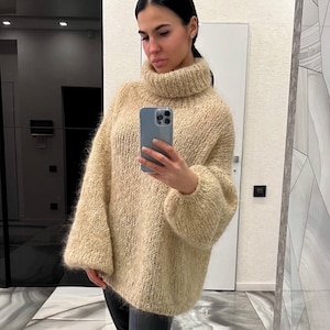 Oversized chunky knit mohair sweater Hand knit sweater for women Wool fuzzy sweater Winter warm turtleneck sweater
