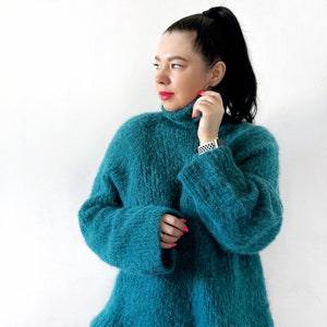 Alpaca knit sweater Wool handmade sweater Hand knit mohair sweater Oversized cozy sweater Plus size chunky knit sweater Teal sweater
