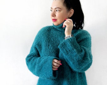 Alpaca knit sweater Wool handmade sweater Hand knit mohair sweater Oversized cozy sweater Plus size chunky knit sweater Teal sweater