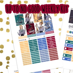 May include: A set of planner stickers with a gold dot background. The stickers feature illustrations of characters and objects, with text that reads "UP TO NO GOOD WEEKLY KIT" and "Hello Weekend". The stickers are in various colours, including blue, red, and gold.