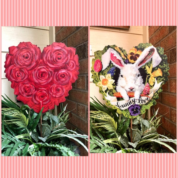 Two sided metal VALENTINES and EASTER YARD Sign, valentine yard sign, heart sign, valentine heart decor, Easter Bunny sign,easter yard decor