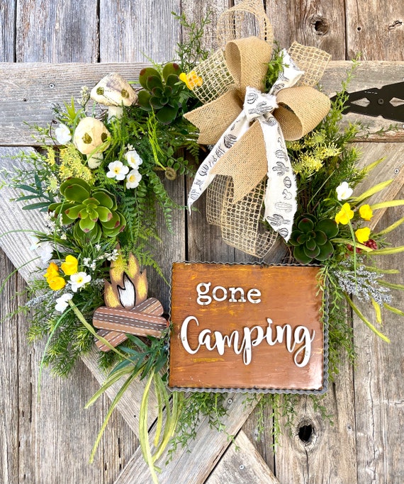 SALE, GONE CAMPING Wreath, gone camping sign, camping decor, succulent outdoor wreath, camping decor, camping sign, cactus mushroom wreath