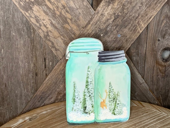 MASON JAR with CHRISTMAS Trees Vintage Metal wall sign includes stand, Round Top Collection sign, Mason Jar Metal Sign, Metal Christmas Sign