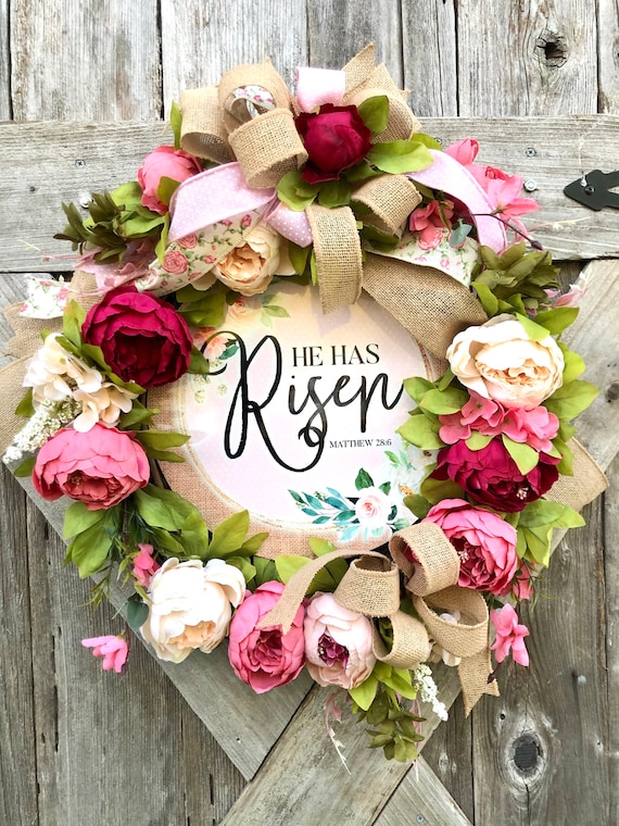 HE IS RISEN Spring Easter peony wreath, easter door decor, spring wreath, he is risen sign