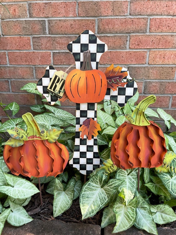 BLACK and WHITE PUMPKIN Checked Cross Metal Sign, yard pumpkin cross, Fall pumpkin sign, fall Round Top Collection sign