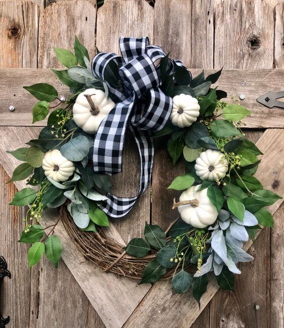 FALL Buffalo Check white pumpkin lambs ear eucalyptus WREATH, Buffalo check Fall grapevine wreath, Fall white greenery pumpkin wreath