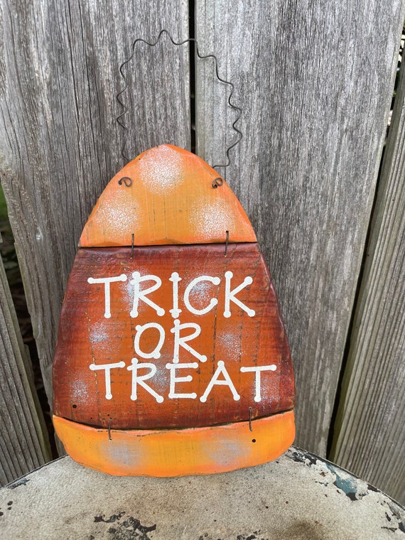 TRICK or TREAT wooden sign, Candy corn fall sign, orange fall sign