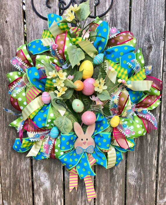 SPRING EASTER WREATH, easter decor,bunny sign, Easter eggs,egg wreath, easter door decor