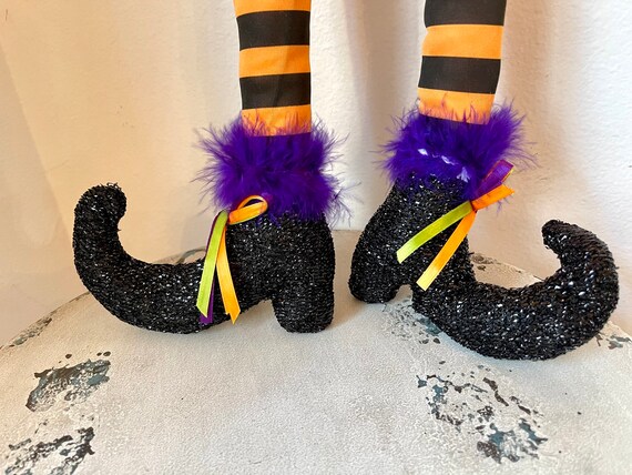 WITCH LEGS, black and orange plush witch legs, witch legs for wreath