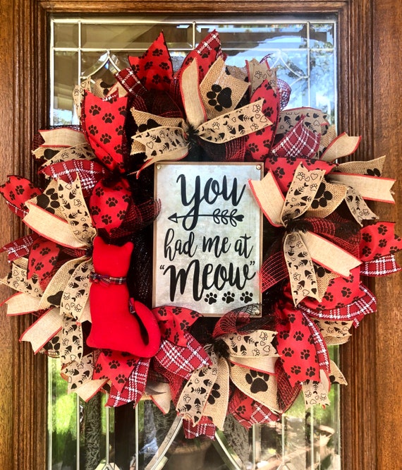 CAT WREATH, you had me at meow wreath, cat sign, cat deco mesh wreath, paw print wreath