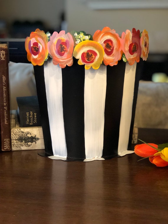 ROSE BASKET metal vase Container, Black and White metal container edged with painted roses, black bucket