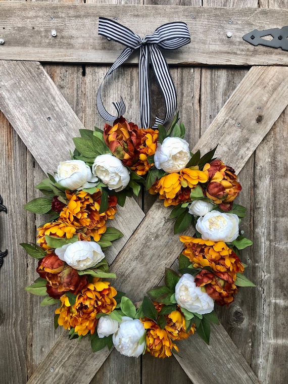 FALL Orange white Wreath , Orange Fall Flower wreath, Fall wreath, autumn wreath